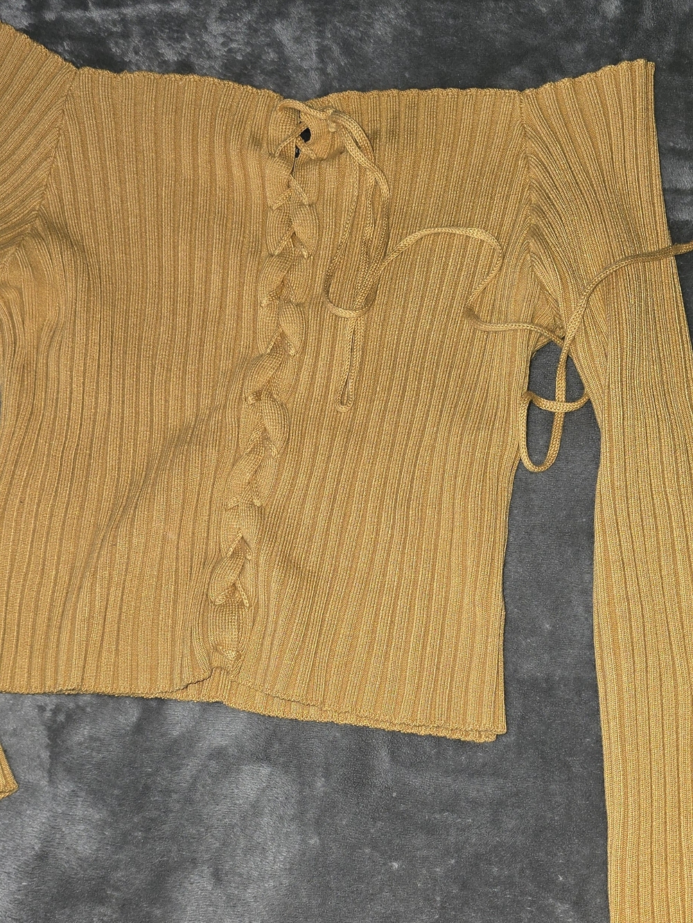 Timing Mustard Ribbed Off-Shoulder Lace-Up Top - Picture 3 of 5